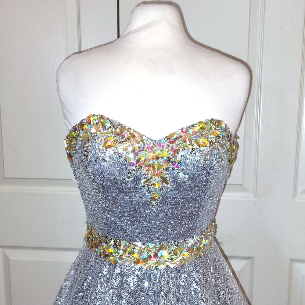 Tony Bowls Le Gala Silver Sequin Rhinestone Pageant Princess Red Carpet Gown 6 - Picture 5 of 14